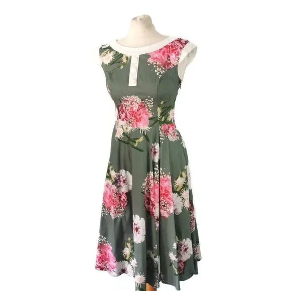 HEARTS & ROSES Floral Hepburn Dress Fit Flare 50s Fifties Wedding Party UK 10 - Picture 3 of 9